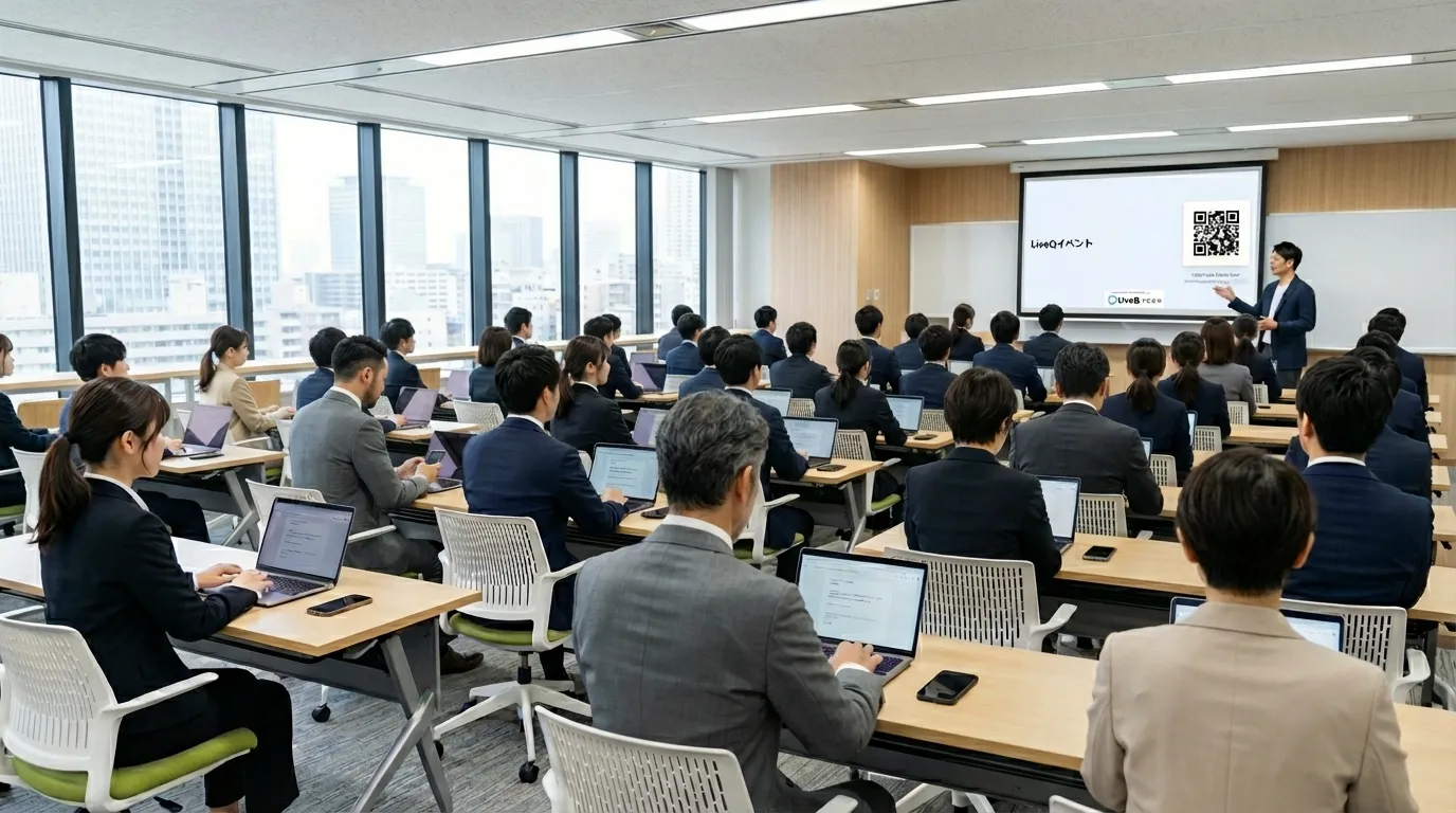 セミナー会場とオンライン参加者がLiveQでつながっているイメージ